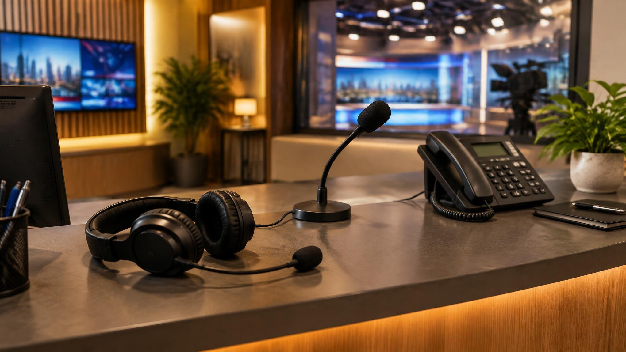 Headset and microphone at a broadcast studio reception desk