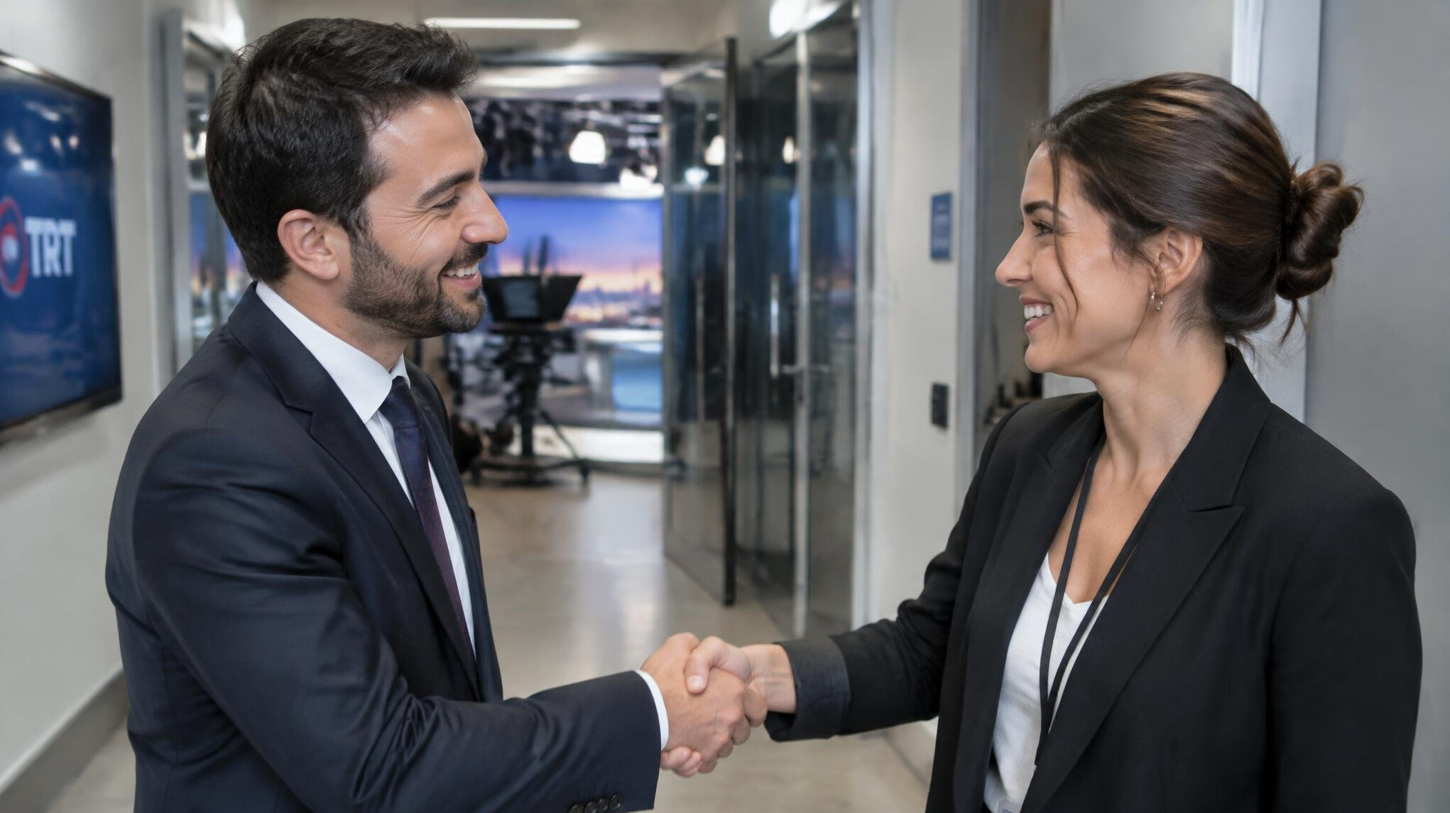 Two broadcast professionals shaking hands after resolving a dispute