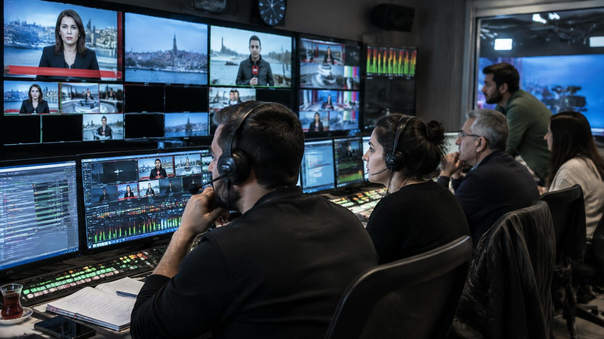 Producers monitoring live broadcast screens in a TV control room