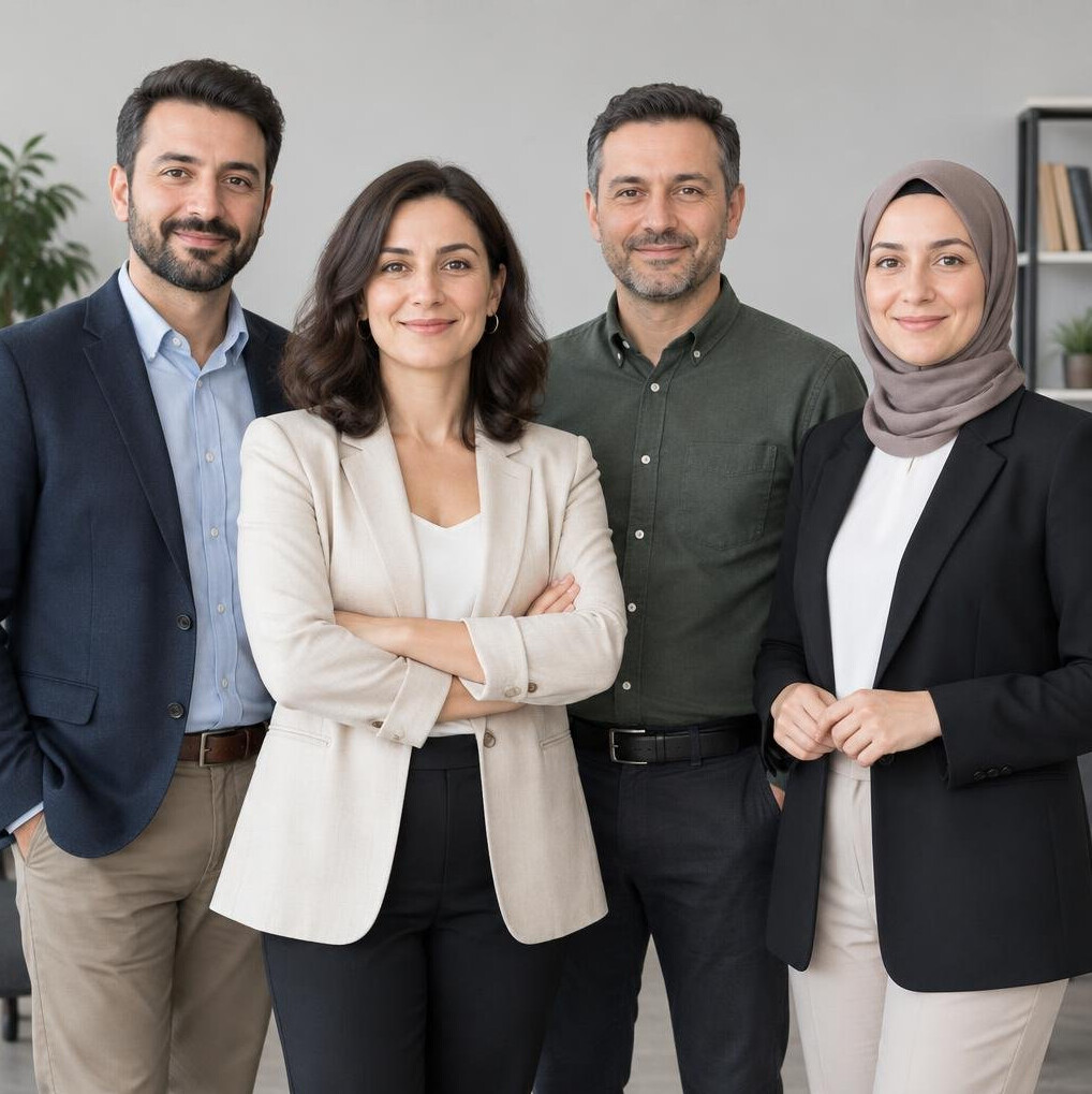 Team of media conflict resolution specialists standing together