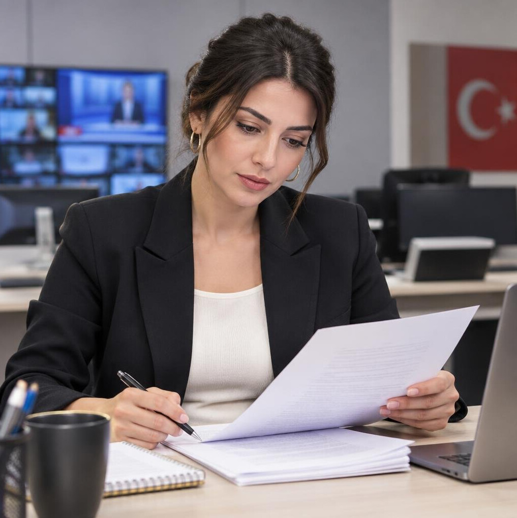Editorial consultant reviewing a broadcast script in a newsroom