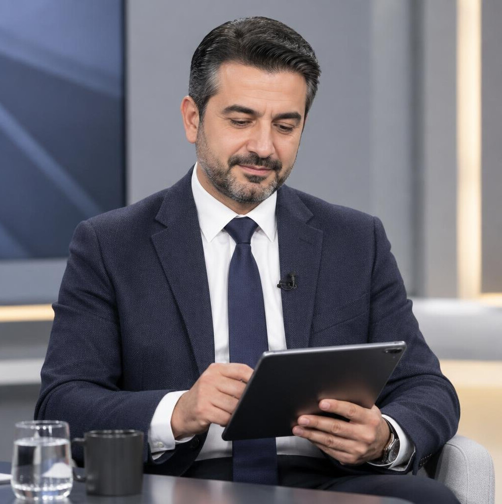 Professional mediator reviewing notes before a live broadcast session