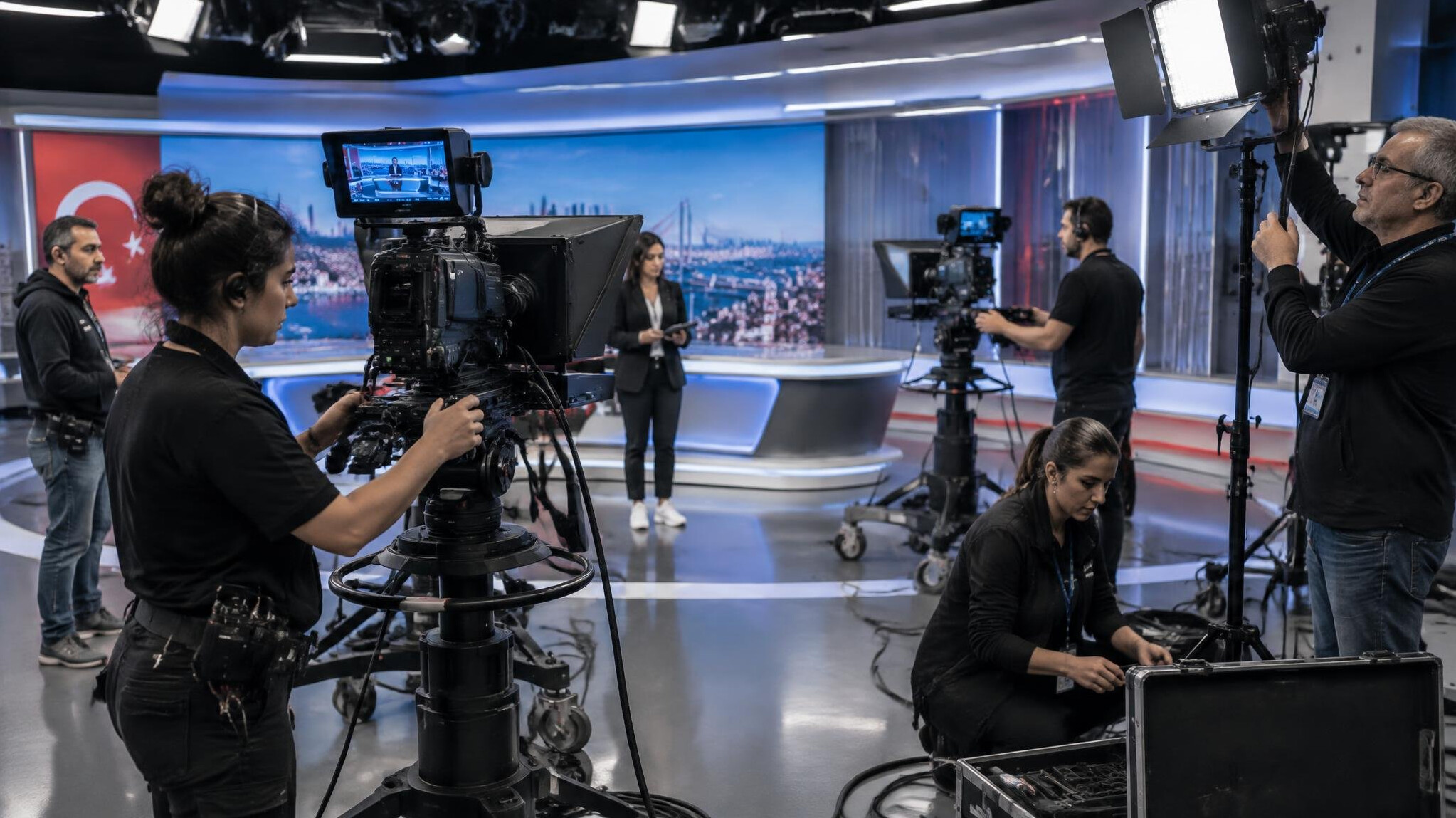 Camera crew preparing equipment before a live TV broadcast